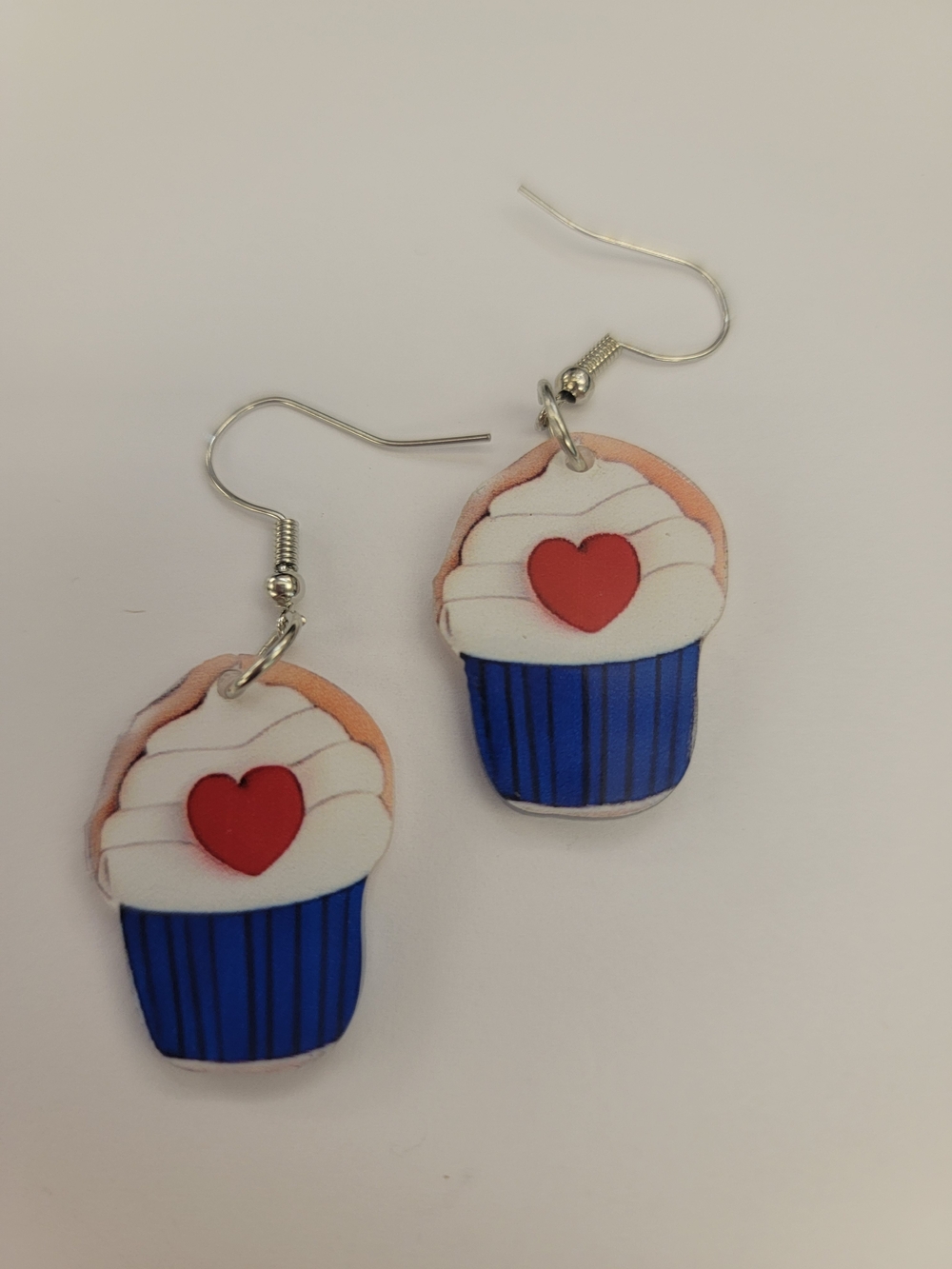 Cupcake Heart Dangle Earrings in Blue and Red